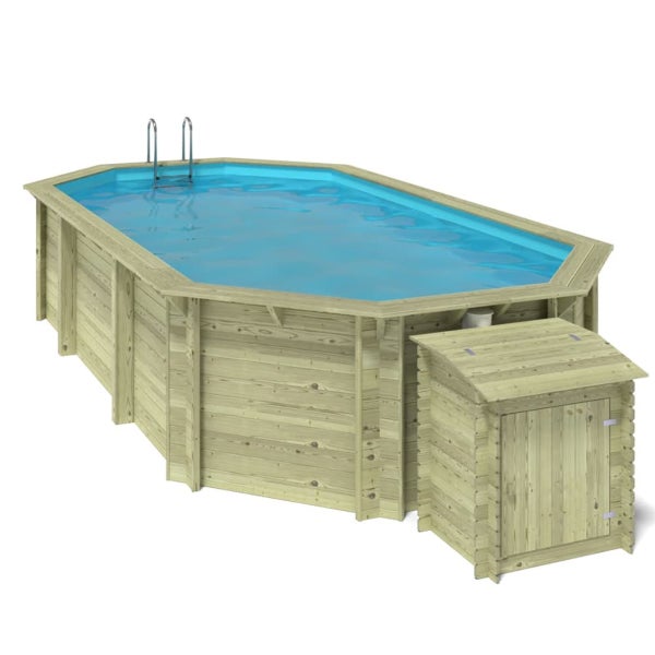 Holzpool mit Leiter und Geräteschuppen