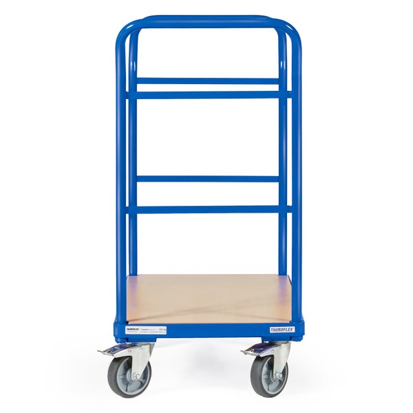 Blauer Etagenwagen mit Holzablage und Rollen