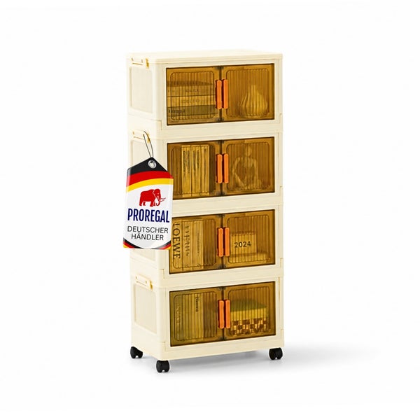 Mobiler Kunststoffschrank mit vier Etagen, transparenten Türen und Rollen. Proregal Logo und Hinweis auf deutschen Händler.