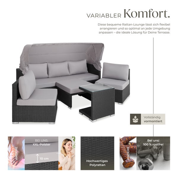 Rattan Lounge tectake San Marino mit Sicherheitsglasplatte, variabel aufstellbar mit Aluminiumgestell schwarz