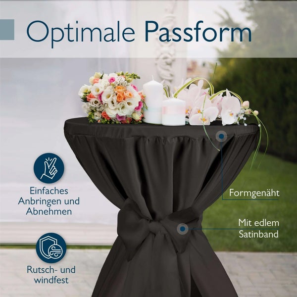 Schwarze Hussen für Stehtische mit Schleifenband, geeignet für Hochzeiten und Feiern