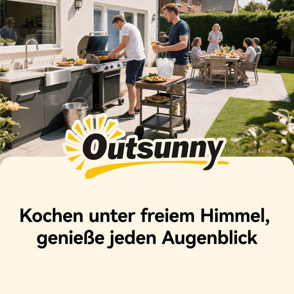 Outsunny Logo über einer Außenküche mit Gasgrill, Servierwagen und Personen an einem Esstisch auf einer hellen Terrasse.
