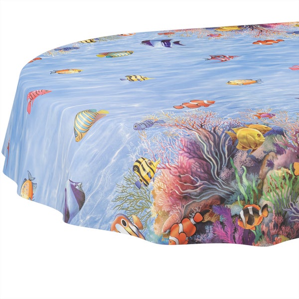Runde Tischdecke mit buntem Unterwasser-Motiv, Korallenriffen und verschiedenen tropischen Fischen in blauem Wasser.