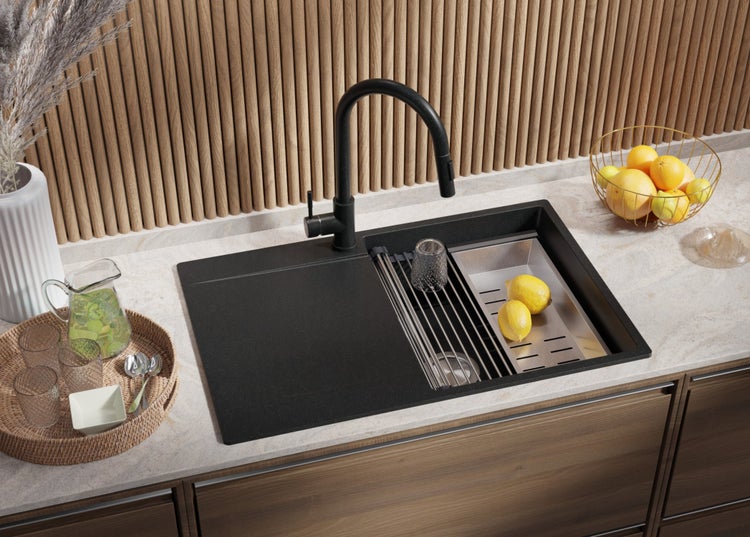 PRIMAGRAN Spülbecken Anthrazit 78x50cm, Granitspüle 1 Becken + Ablauf-Set + Aufrollbare Abtropffläche, Küchenspüle ab 50er Unterschrank - San Francisco