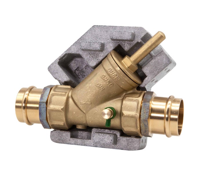 DN 50 Messing Druckminderer mit Pressanschlüssen und Schaumstoffisolierung.