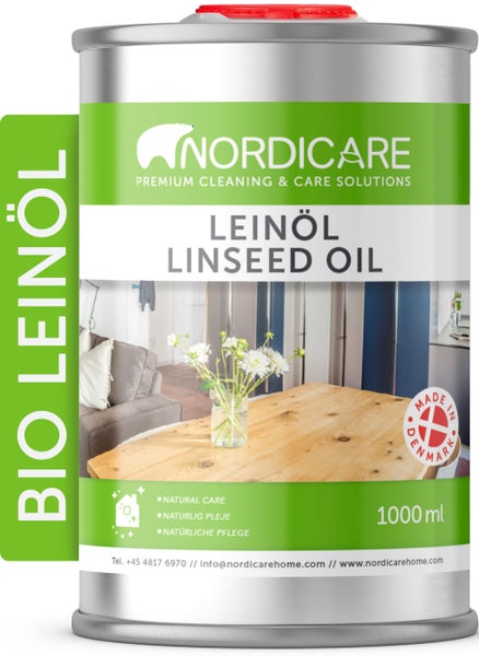 Nordicare Leinöl [1L] für Holz zum Holzschutz I Leinöl Firnis Holzöl für Innen I Leinöl für Möbel Holz Öl, Leinenöl Holz