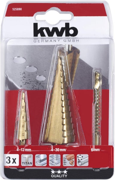 kwb Stufenbohrer, 3-teiliges Set mit Fräs-Bohrer, 1 x 4- 12 mm, 1x 4 - 30 mm, 1x 6mm ,Oberfläche Titan-nitriert