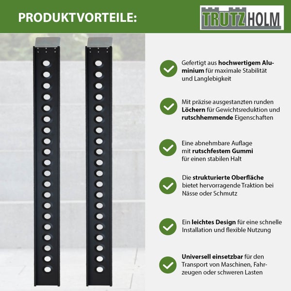 Zwei Aluminium-Auffahrrampen mit Löchern für Gewichtsreduktion