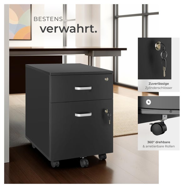 Rollcontainer tectake Vagur 40 x 44 x 54,5 cm mit 2 Schubladen für Dokumente im A4 Format schwarz