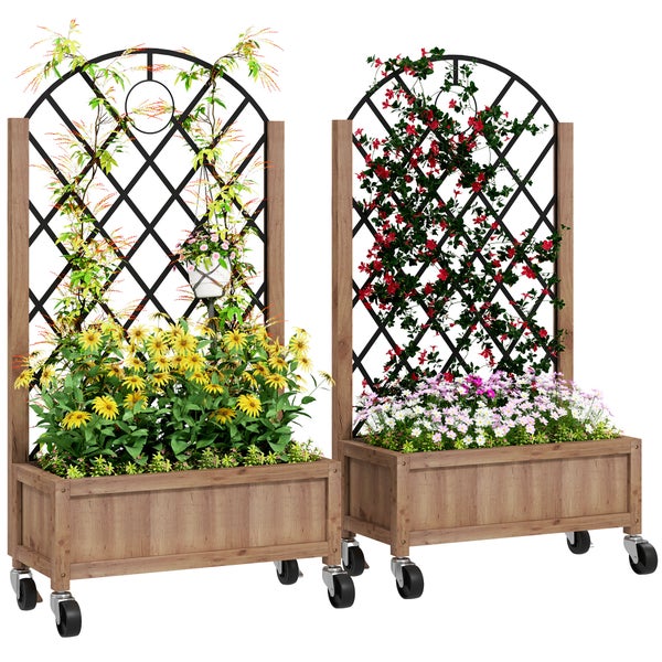 Outsunny 2er Set Hochbeet Pflanzkasten mit Rolle, Rankgitter, Spalier Pflanzkübel Blumenkasten Holz, Gartenspalier 52x25x97cm für Garten Balkon Terrasse, Blumenkübel für Kletterpflanzen Korbpflanzen