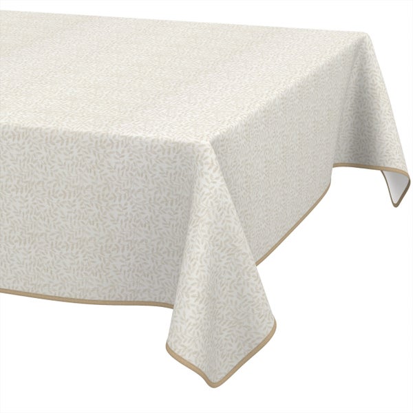 Tischdecke mit Blättermuster und Paspelrand.