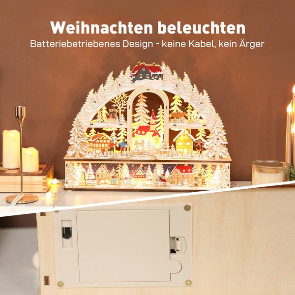 Beleuchteter Schwibbogen aus Holz mit winterlichem Dorfmotiv und Batteriefach auf der Rückseite.