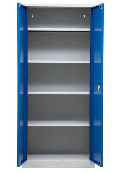 PROREGAL Flügeltürenschrank Badger 4 Fachböden Eurolock Griff Sockel HxBxT 180 x 80 x 38 cm Grau-Blau Lackiert