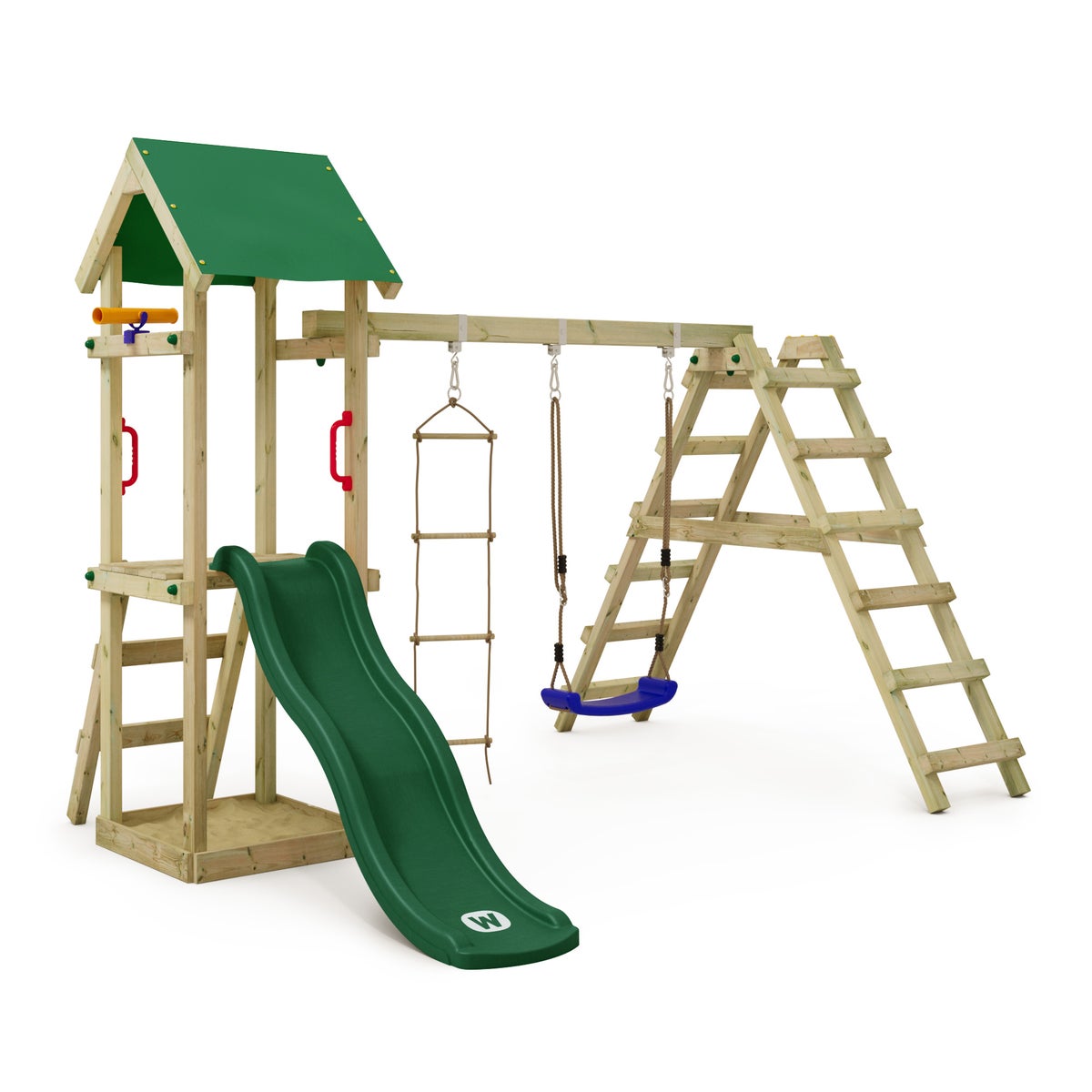 WICKEY Spielturm Klettergerüst TinyLoft mit Schaukel und Rutsche, Kletterturm mit Sandkasten, Leiter und Spiel-Zubehör - grün