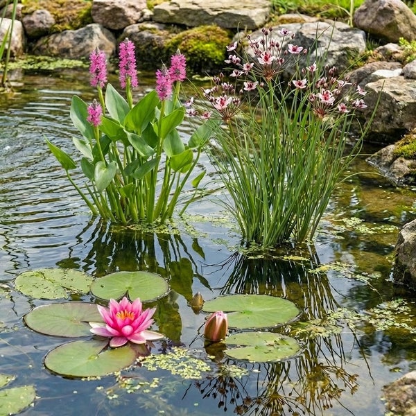 Gartenteich mit blühender Seerose, Hechtkraut und Schwanenblume vor einer Steinumrandung.