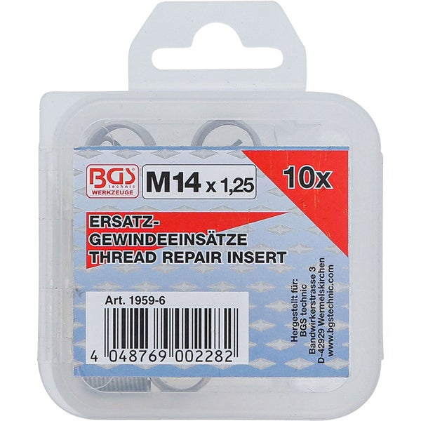 BGS technic Gewindeeinsätze M14 x 1,25, 10 Stück, Ersatz-Gewindeeinsätze zur Reparatur von Gewinden