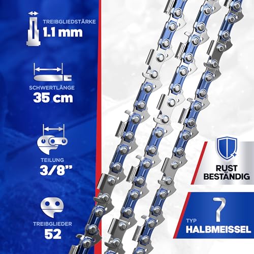 Garlavie Set mit 3 kettensäge kette 35 cm 3/8 LP 1,1 mm 52 Treibglieder – Sägeketten 35 cm kompatibel mit vielen Marken - Hochwertige motorsägenkette.