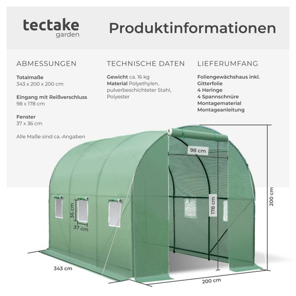 Produktinformationen zum Folien-Gewächshaus mit den Maßen, Materialangaben und Lieferumfang