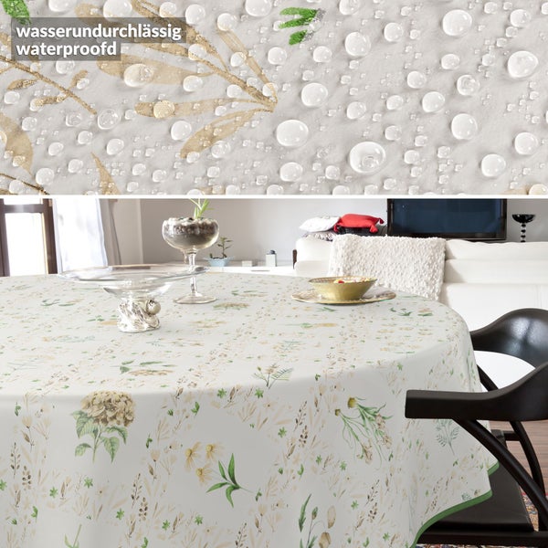 Wasserundurchlässige Tischdecke mit floralem Muster auf einem Tisch