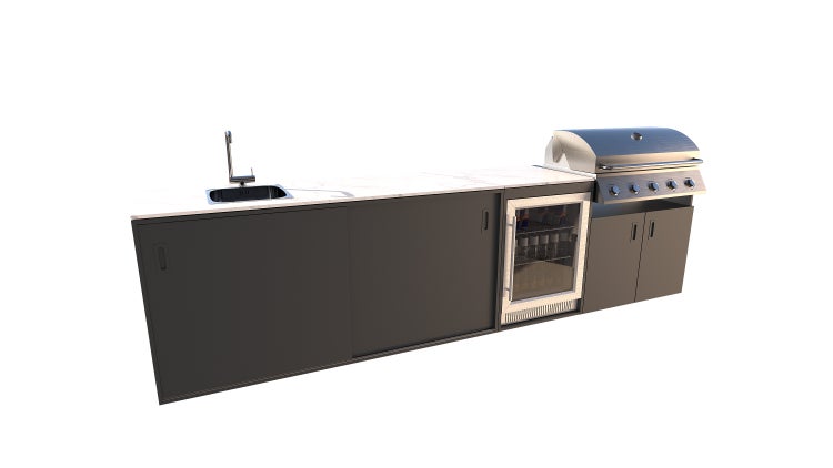 Outdoor-Küche mit Spüle, Kühlschrank und Grill