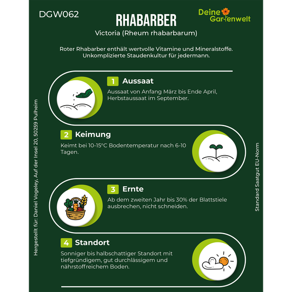 Infografik zu Rhabarber Victoria mit Anbauhinweisen zu Aussaat, Keimung, Ernte und Standort sowie Deine Gartenwelt Logo.