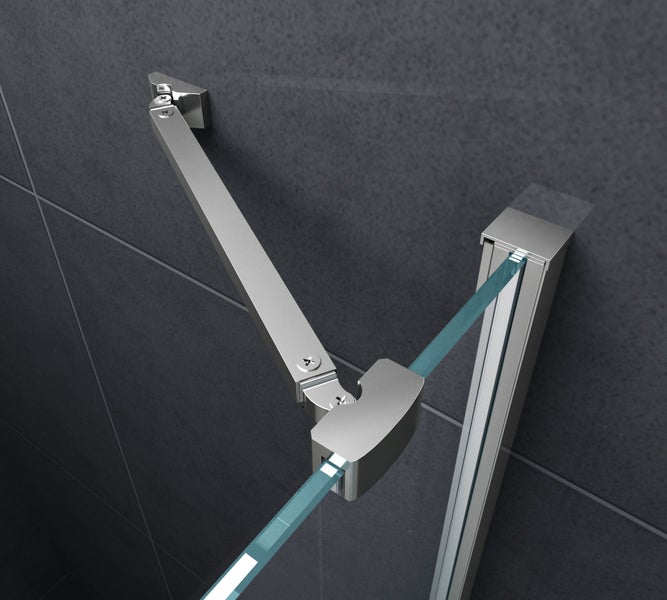 Detailansicht eines Duschkabinen-Scharniers mit Stabilisierungsstange