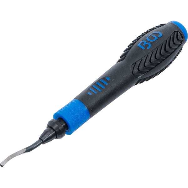 BGS Entgrater mit ergonomischem Kunststoffgriff und gebogener Metallklinge. BGS Logo.