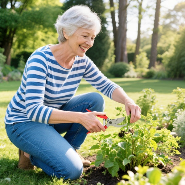 Frau schneidet Pflanze mit Gartenschere im Garten