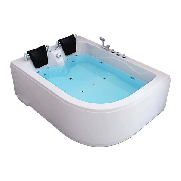 Rechteckige Whirlpool Badewanne mit zwei Kopfstützen und integrierten Armaturen, ideal für ein entspannendes Wellnesserlebnis im Badezimmer.