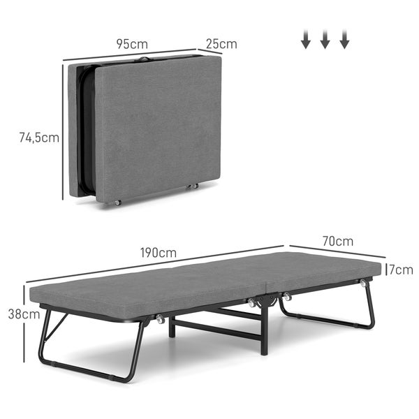 HOMCOM Klappbett 70 x 190 cm Gästebett klappbar mit 7cm Schaumstoff Matratze, verstellbares Rückenlehne, Reisebett mit Rollen, Leinenoptik für Büro, Gästezimmer, Dunkelgrau