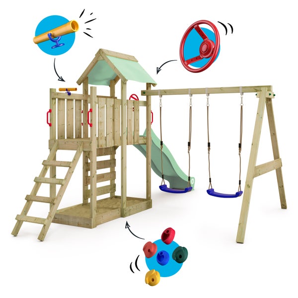 WICKEY Spielturm Klettergerüst MultiFlyer mit Schaukel und Rutsche, Kletterturm mit Sandkasten, Leiter und Spiel-Zubehör – pastellgrün