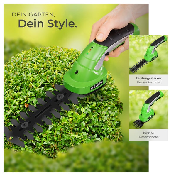 Akkubetriebene Heckenschere und Rasenschere im Einsatz an einer Hecke.