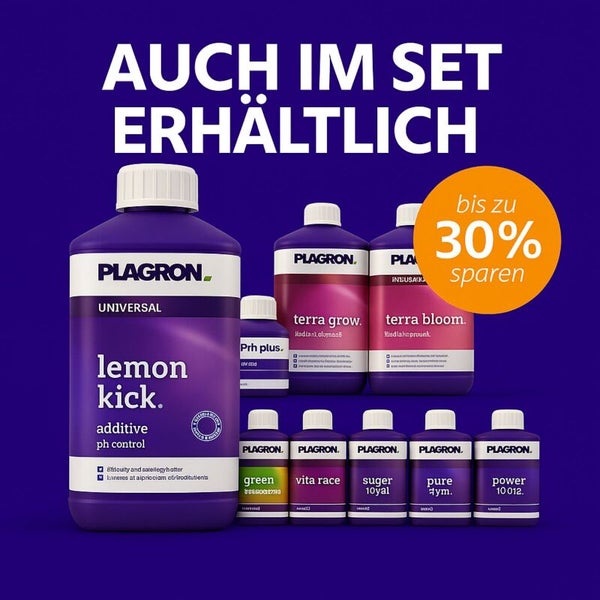 Plagron Düngeset mit verschiedenen Flaschen und dem Hinweis bis zu 30 Prozent sparen