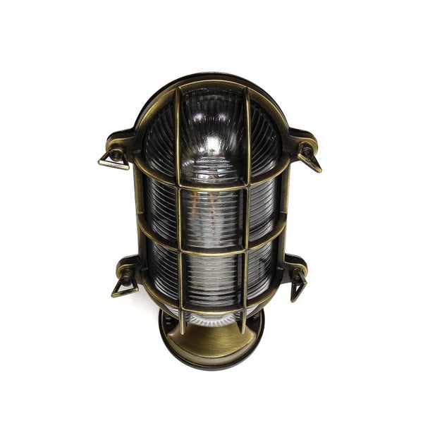 Wandleuchte mit Schutzgitter aus Metall und Glas