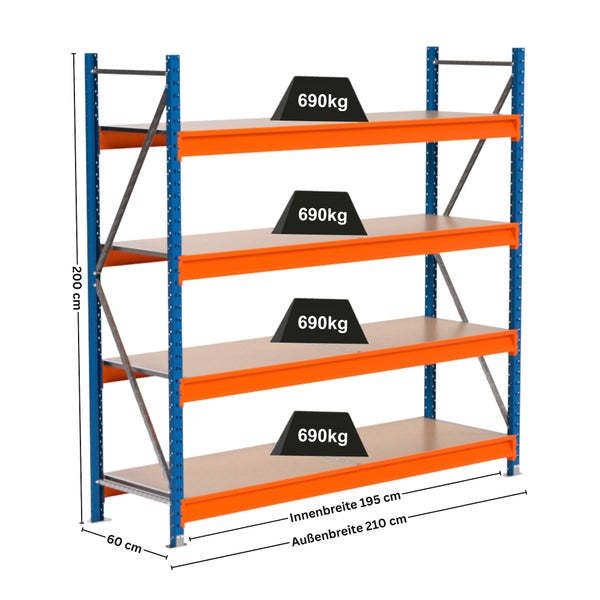 Lagerregal mit vier Regalböden und einer Traglast von 690 Kilogramm pro Boden