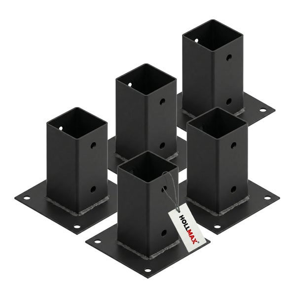 5er-Set Pfostenträger aus schwarzem Metall für quadratische Holzpfosten mit Bodenplatte und Hollmax Logo.