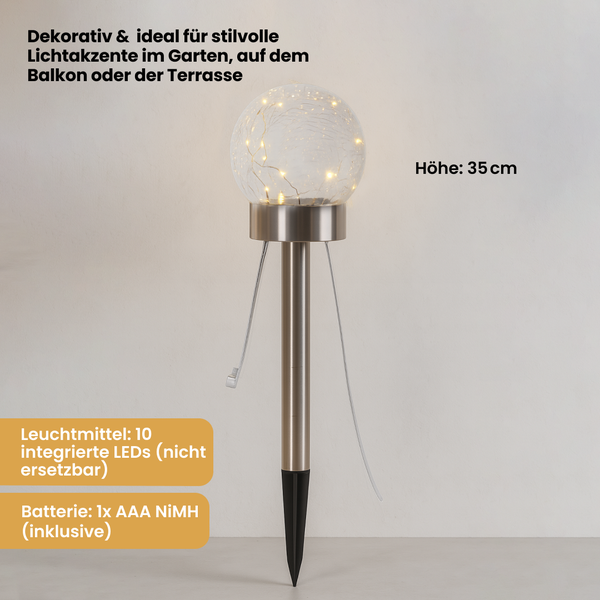 Gartenleuchte mit Kugel aus Glas und integrierten LEDs