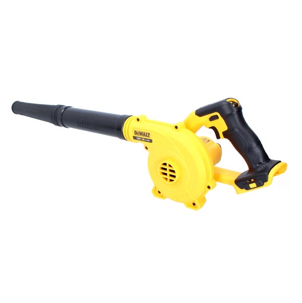 DeWalt Akku-Gebläse 18 Volt Lithium-Ionen, kompakter Laubbläser mit schwarzer Düse und gelbem Kunststoffgehäuse.