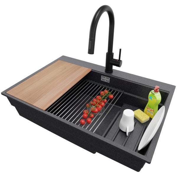 PRIMAGRAN Granitspüle Anthrazit 78x53cm, Spülbecken 1 Becken + Küchenarmatur 40x20cm + Ablauf-Set + Küchenzubehörset, Küchenspüle ab 80er Unterschrank - Oslo Max