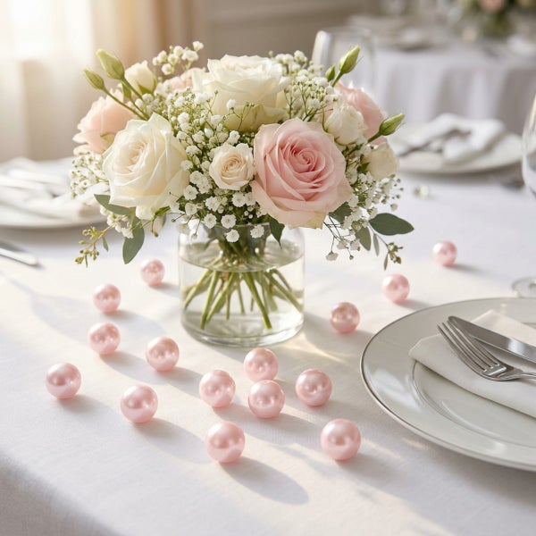 Blumenstrauß aus Rosen und Schleierkraut in einer Glasvase auf einem festlich gedeckten Tisch mit dekorativen rosa Perlen als Tischschmuck