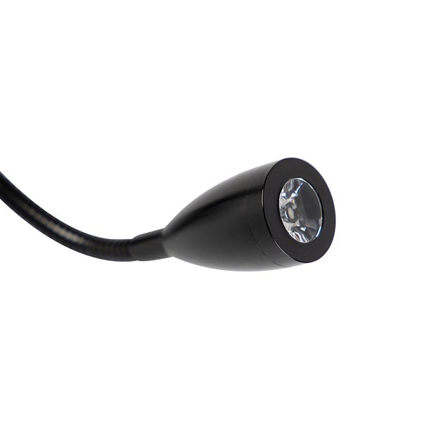 Schwarzer LED-Lampenkopf mit flexiblem Schwanenhalsarm.