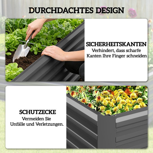 Metall-Hochbeet mit abgerundeten Sicherheitskanten und Schutzecken zur Vermeidung von Verletzungen beim Gärtnern.