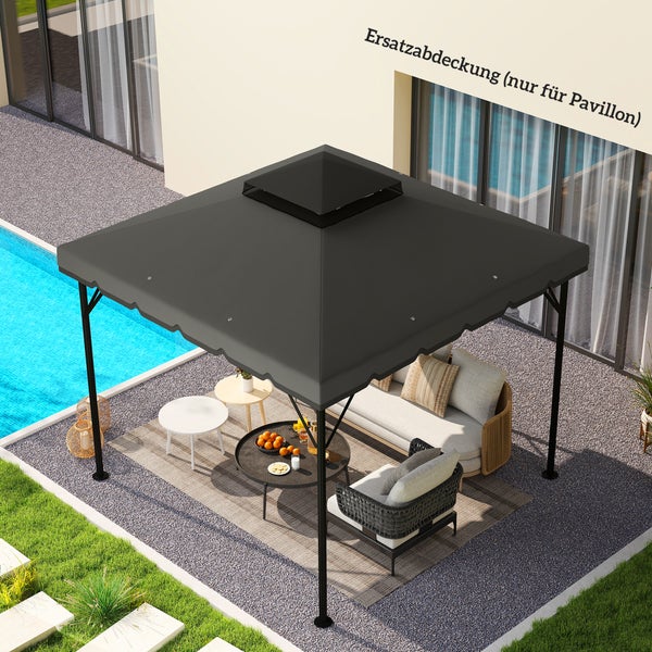 Ersatzabdeckung für einen quadratischen Pavillon auf einer modernen Terrasse am Pool. Das Doppeldach sorgt für Belüftung.