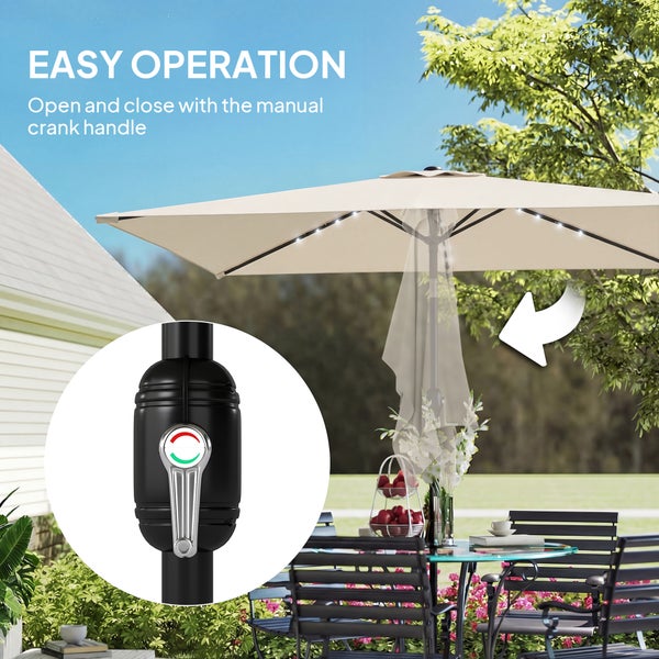 Outsunny Sonnenschirm LED Solar ca. 300 x 200 cm knickbar Balkonschirm mit Kurbel Schutzhülle, UV Schutz, Drehbar Gartenschirm Rechteckig Marktschirm für Garten Balkon Terrasse Cremeweiß