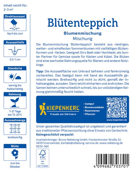Informationstafel der Blumensamenmischung Blütenteppich von Kiepenkerl mit Aussaathinweisen und Verwendungshinweisen.