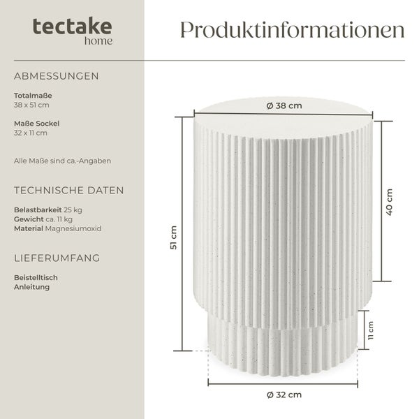 Tectake Home Beistelltisch aus Magnesiumoxid mit Rillenstruktur. Maße: Durchmesser 38 Zentimeter, Höhe 51 Zentimeter. Belastbarkeit 25 Kilogramm.