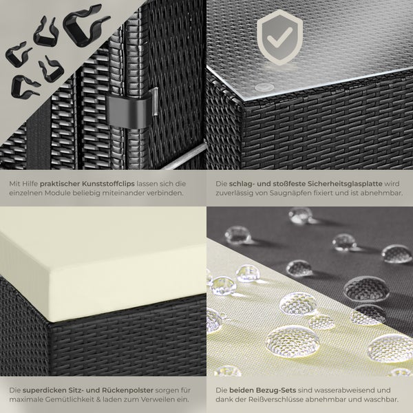 Detailansicht einer Loungegruppe mit Kunststoffclips, Sicherheitsglasplatte, Sitzpolstern und wasserabweisenden Bezügen