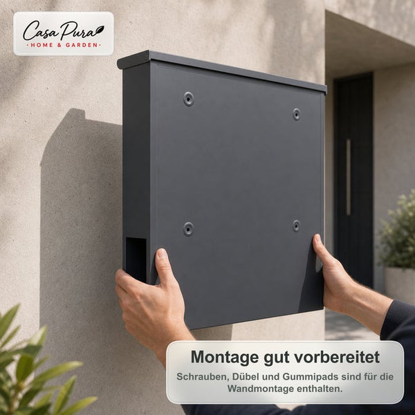 Wandmontage eines Casa Pura Briefkastens mit mitgeliefertem Montageset inklusive Schrauben und Duebeln an einer Hauswand.