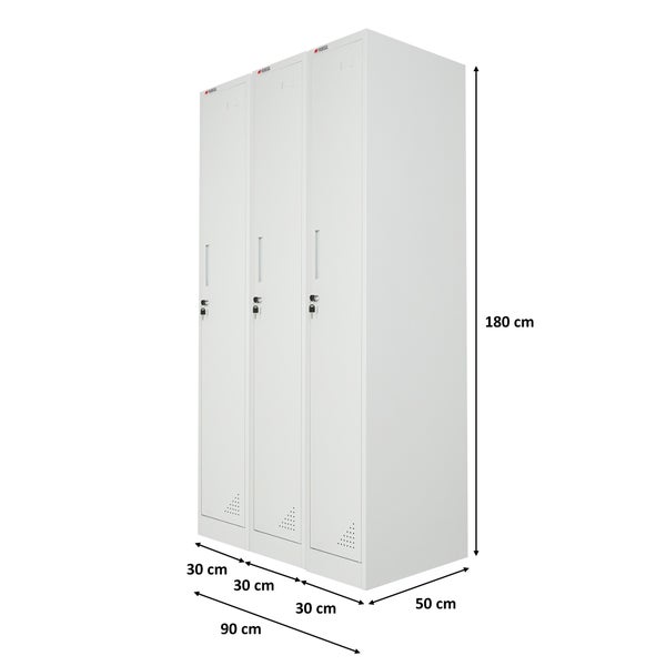 Proregal Metall-Garderobenschrank in Hellgrau, 3 Abteile, verschließbar, Maße 180 Zentimeter hoch, 90 Zentimeter breit, 50 Zentimeter tief.
