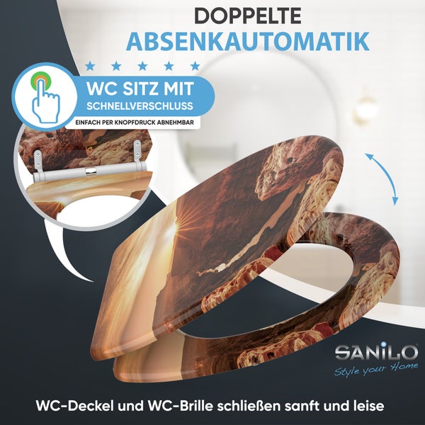 Sanilo WC-Sitz mit Canyon-Motiv, doppelter Absenkautomatik und Schnellverschluss per Knopfdruck. Sanilo Logo.